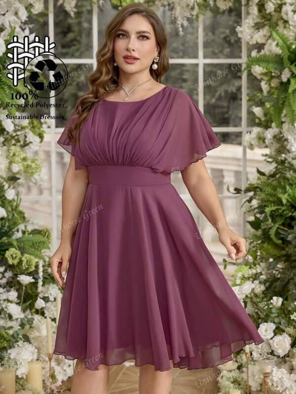 UNITHORSE Große Größen Rundhals Raffung Kleid mit Rückenausschnitt, elegantes Abendkleid mit Glockenärmeln als Brautjungfernkleid