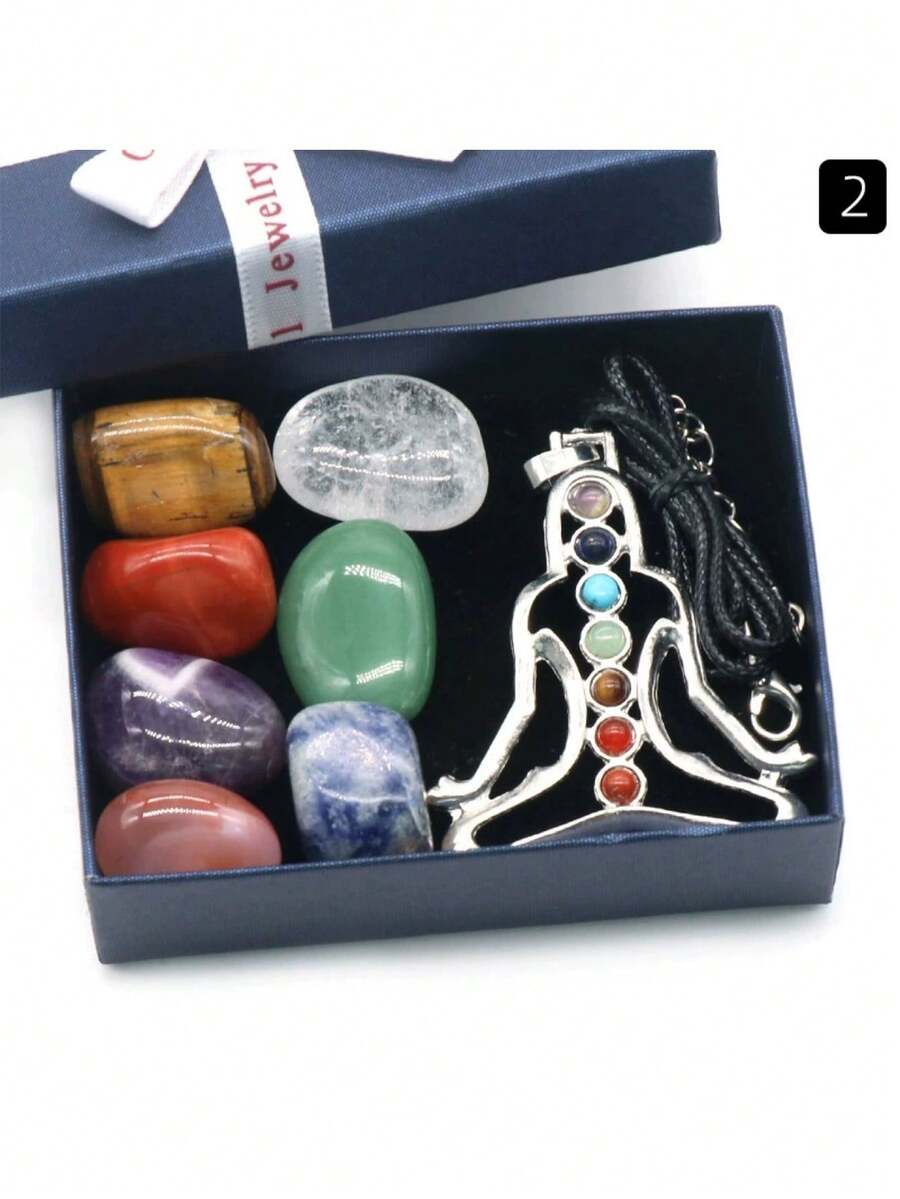 8pcs/Set Of Natural Crystal Stones, Chakra Meditation Spirit Treatment Stones, Room Decoration - Natural Stone + Pendant - View 1