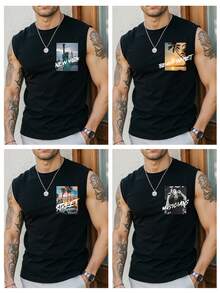 Customized Photo/Text Printed Men's Tank Tops, Personalized Tank Tees, Customized With Your Photos/Snapshots Of Loved Ones/Pets/Landscapes, Customized With Your Text/Greetings, Perfect For Gifts, Holidays, Anniversaries, Parties, Festivals, Company/Family, Summer Casual Wear - Black - View 2