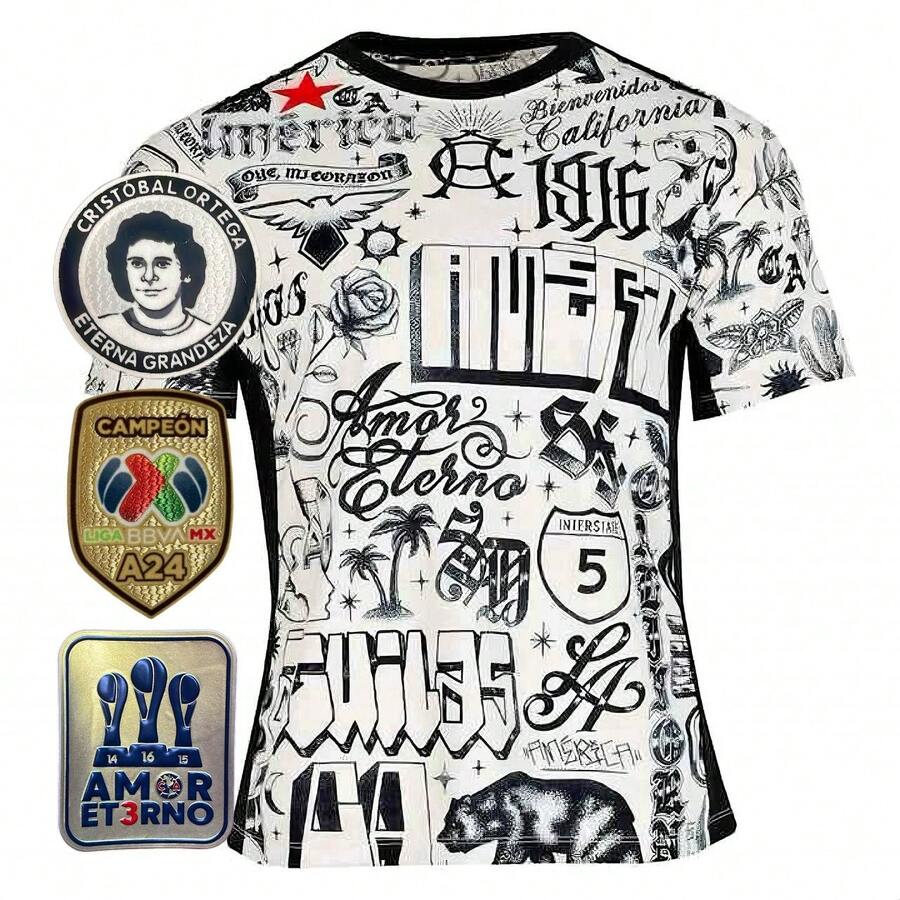 Jersey Club América con Parches TRICAMPEÓN, Campeón A24 y Eterna Grandeza - Blanco y Negro - Ver 1