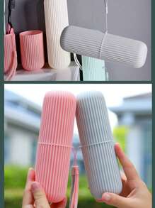 1 pièce Nouvelle boîte de rangement créative en plastique portable pour brosse à dents et dentifrice, organisateur de voyage multifonctionnel, support de trousse de toilette pour le voyage, peut également ranger des ustensiles, une tasse de toilette rayée, convient pour le voyage, les vacances, le voyage d'affaires, le camping, la gym, le yacht, les essentiels de vacances, les accessoires de voyage, les sacs de voyage, les fournitures scolaires de rentrée