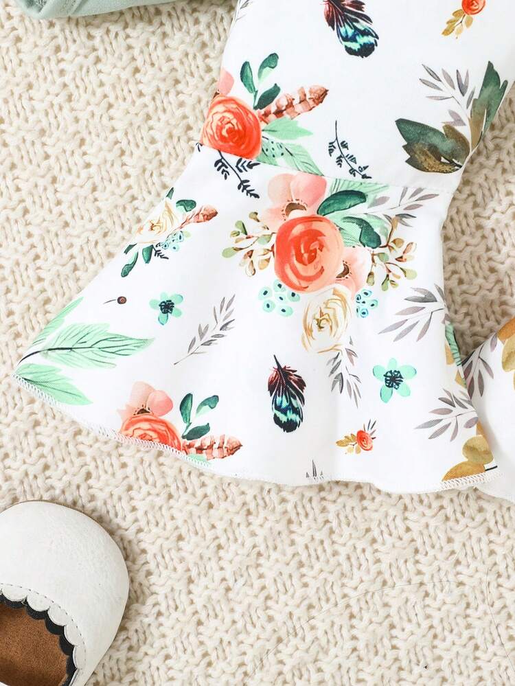 女婴春季字母印花连体衣和花卉印花喇叭裤套装 - 綠色 - 查看 6