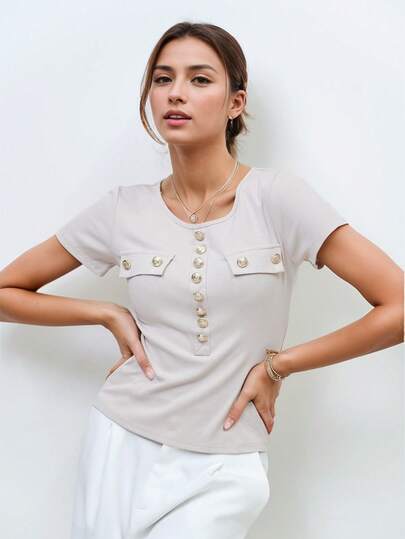 Camiseta casual de mujer de cuello redondo y manga corta, de color liso