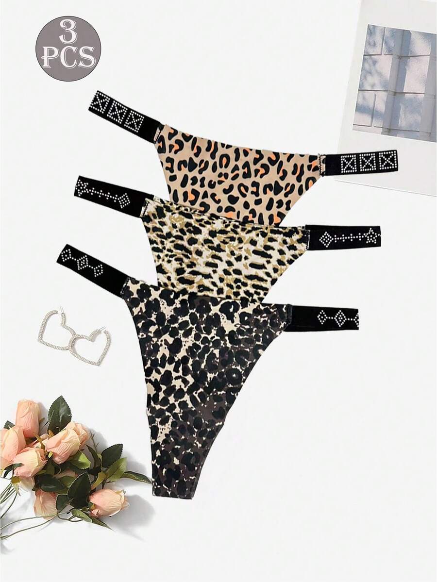 3 件女士低腰无缝水钻装饰性感舒适优雅成熟迷人法式猎豹印花丁字裤 - 彩色 - 查看 1