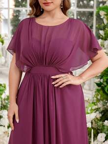 UNITHORSE Plus Size Fabric Round Neck Gored Dress Sleeve Slimming Empire Waist Back Bow-Tied Elegant Dress Long Evening Gown,Bridesmaid Dress - Red Violet - View 7