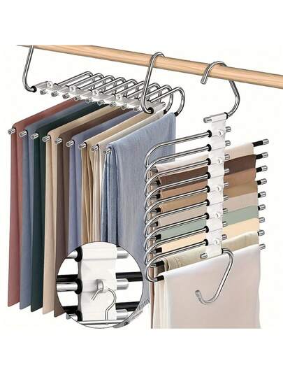 1 pieza Percha para pantalones de 9 capas de acero inoxidable con revestimiento antideslizante y 5 ganchos adicionales, apta para armarios, reduce el desorden en un 80% para leggings, jeans, etc.
