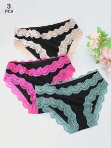 3Pcs/Set Women's Sexy Lace Cotton Underwear Briefs Soft Breathable Panties For Woman - Multicolor - View 3
