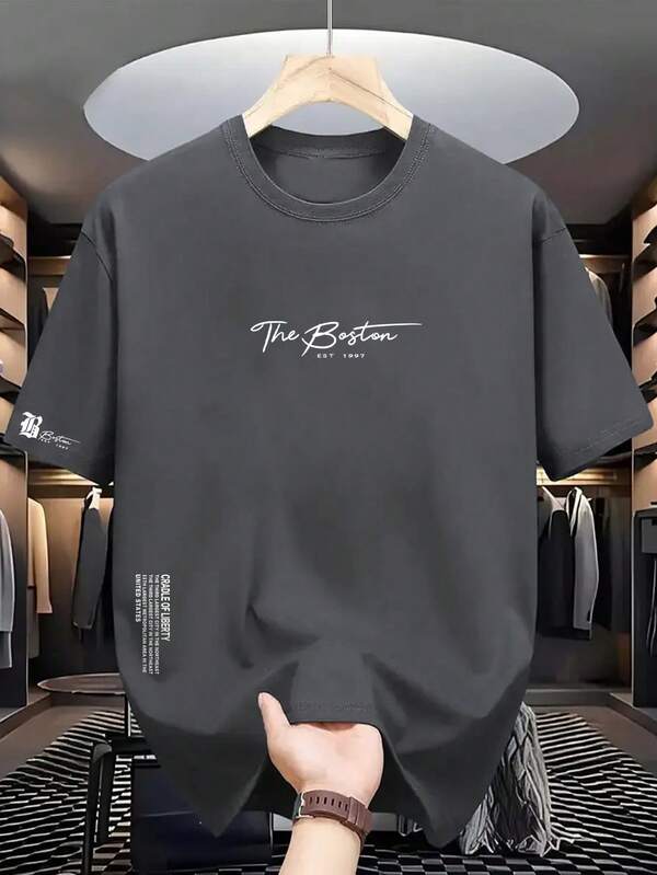 Men's Casual Slogan Print Short Sleeve T-Shirt, Summer