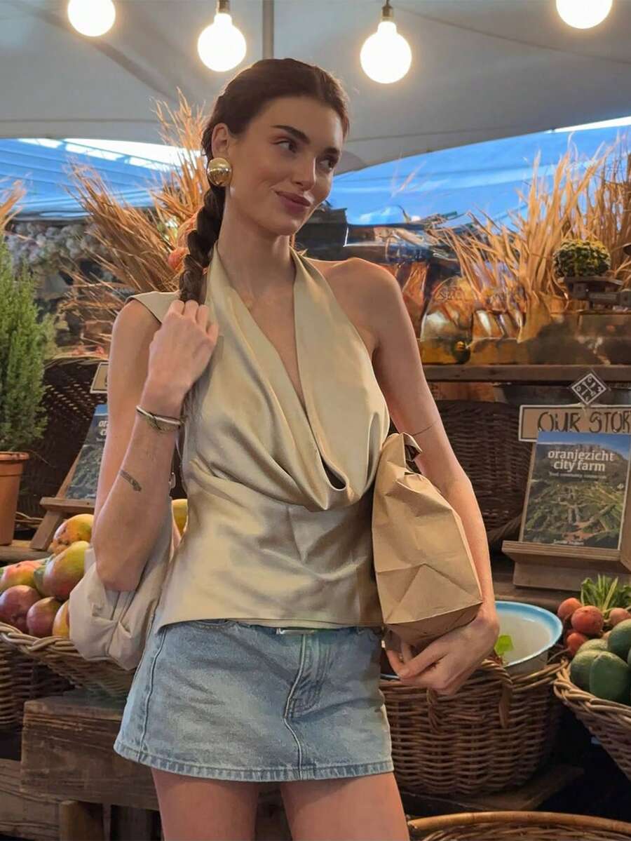 Camiseta de tirantes con cuello drapeado, escote profundo en V y espalda descubierta, de unicolor, para verano