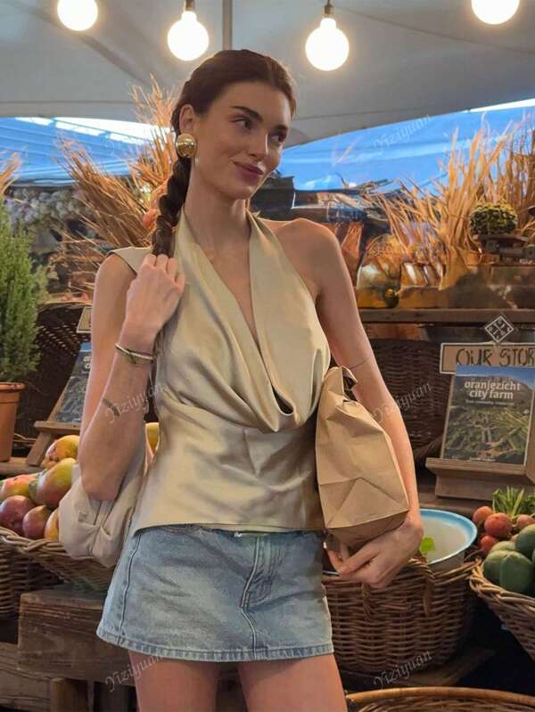Dames effen kleur draperen hals diepe V rugloze strikband camisole, zomer