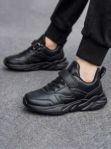 Kids' Solid Color Wavy Pattern Scuff-Resistant Outdoor Running Shoes, Students Casual Walking Sneakers - Black - View 2