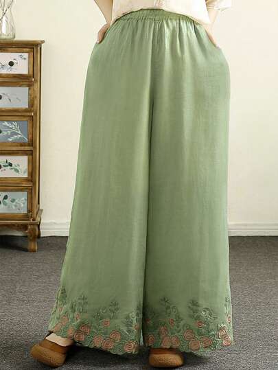 Pantalones largos casuales holgados de mujer con bordado floral