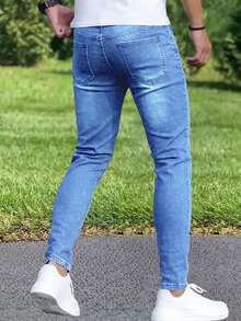 1pc Men's Slim Fit Stretchy Distressed Ripped Casual Cargo Pants, Street Style Breathable Thick Solid Color Jeans Suitable For City Walking, Parent-Child Outdoor Activities, All Season - Light Wash - View 2