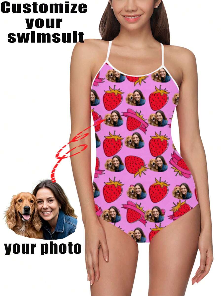 1pc Custom Women One-Piece Swimsuit, Strap Hollow-Out Swimwear, Women Pink Strawberry High Waist Sleeveless Swimming Costume For Pool, Beach, Holiday, Girls Swimsuit