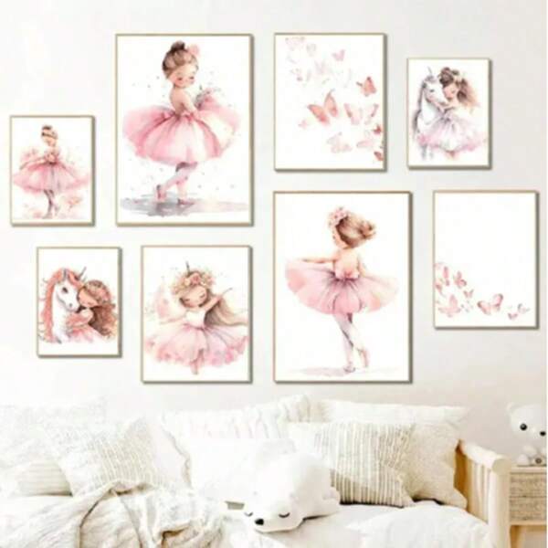 1/6PCS Optional Frame Posters Wall Arts Modern Pink Ballerina Girl Unicorn Butterfly Poster Kids Room Decorative Posters Wall Bedroom Decor ,Wall Art With Frame