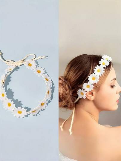 1件波西米亚向日葵雏菊花环，饰以编织绳和丝带，优雅女士发饰，适合海滩嘉年华/狂欢节/面具节等场合，可作花环、皇冠、头饰、头饰、发饰、发圈、婚礼、夏威夷风情装扮、派对、礼物、发饰。