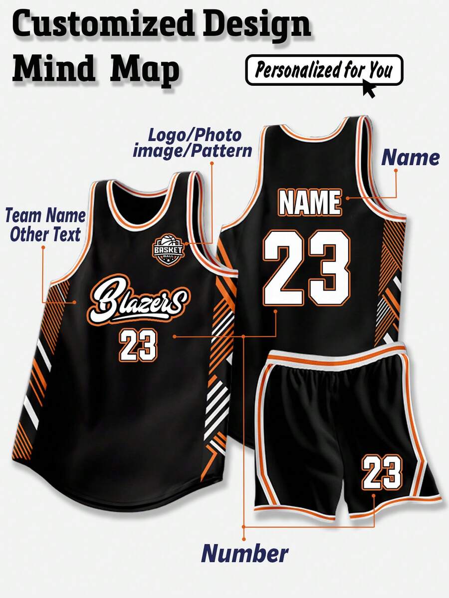 2pcs Personalized Tween Boys Training Basketball Jersey- Customized Team Name,Number And Photo Print Tank Top+Shorts Sports Set &Casual Wear Spring/Summer - Black - View 1