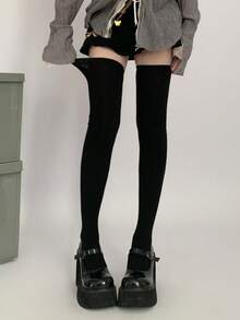 Plain Color Warm Over-The-Knee Thigh High Socks For Autumn/Winter, Cozy - Black - View 6
