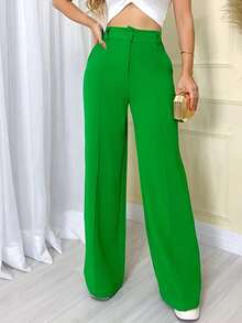 Women's Wide Leg Pants With Zipper And Button In Duna Fabric - 墨綠色 - 查看 1