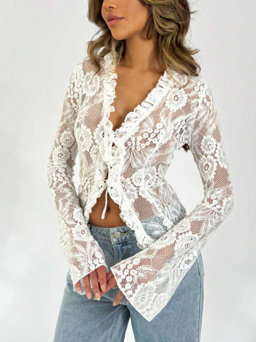 Women Y2K Lace Long Sleeve Tops Casual Sheer Basic Tie Front Shirt Blouses For Club Streetwear Aesthetic Clothes - 白色 - 查看 1