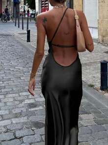 UREREM Elegant Solid Color Backless One Shoulder Spaghetti Strap Satin Slit Maxi Dress - Black - View 2