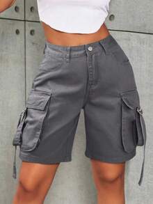 Flap Pocket Snap Detail Denim Shorts - Dark Grey - View 3