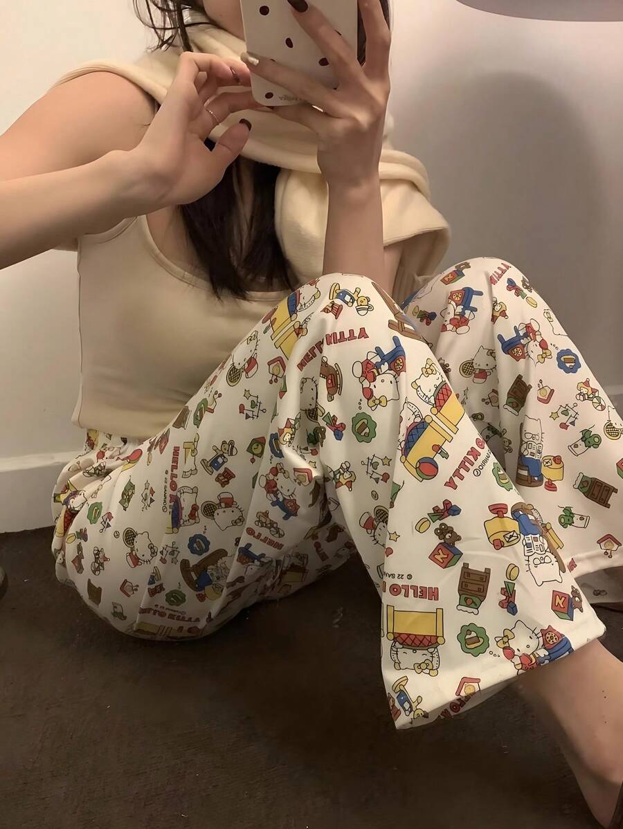 Sanrio Calças Casuais Femininas com Estampa Fofa de Desenho Animado, Calças de Pijama Confortáveis e Soltas, Adequadas para Todas as Estações, Outono