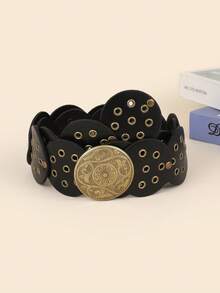 1 件装黑色 PU 圆盘拼接空心金属索环圆形女士腰带 夏季、秋季、万圣节