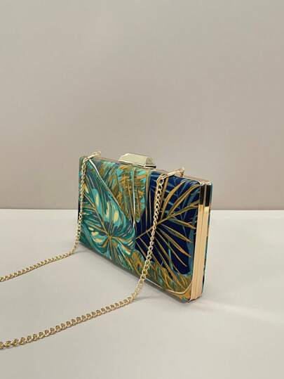 Vintage Printed Asymmetrical Clutch Bag, Fashion Print Evening Bag Suitable For Formal Dresses, Applicable For Winter Galas, Parties, Christmas Events, Weddings - Detachable Chain [Random Pattern]