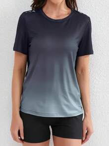 Women Ombre Color Sports T-Shirt, Gradient Color, Casual Athletic Tee, Short Sleeve, Quick-Dry, Breathable Fabric, Activewear, Running Top - Dark Green - View 2