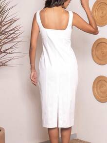 Vestido de tirantes con cordón delantero  con abertura parte  tracera Color sólido Elegante abertura con cremallera - Blanco - Ver 4