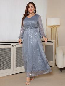 DEARCASE Plus Size Elegant Shiny Twist Pattern Long Sleeve Dress - Dark Blue - View 3