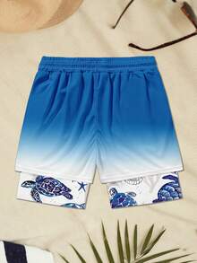 Plus Size Men's Turtle Pattern Printed Double Layered Beach Shorts, Hawaiian - Multicolor - View 3