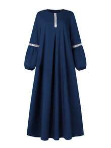 Scacto Solid Color Round Neck Lantern Sleeve Pleated A-Line Elegant Dress With Sequin Decor, Suitable For Daily, Office, Party, Casual Loose Fit, Modest - Navy Blue - View 3