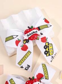 2 piezas Clips de lazo para el cabello para el regreso a la escuela para niñas, Clips de caimán con lazo lindo con regla, manzana, libros, pasadores de cinta grosgrán, pasadores de cabello para coletas de niña pequeña, regalo de uniforme para el primer día de clases y temporada de graduación, accesorios para el cabello de estudiantes en el aula.