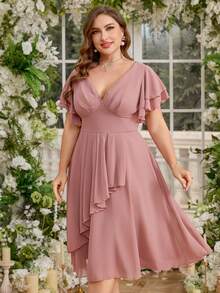 UNITHORSE 加大码涤纶深V领荷叶边袖胸围褶饰不对称褶皱连衣裙，连衣裙，亮片拼接设计雪纺伴娘礼服，伴娘礼服 - 藕粉色 - 查看 7