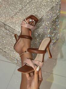 Women Square Toe Mule Sandals, Brown Elegant Leather Slip-On High Heel Sandals, Summer Beach Vacation Wedge Shoes - Brown - View 1