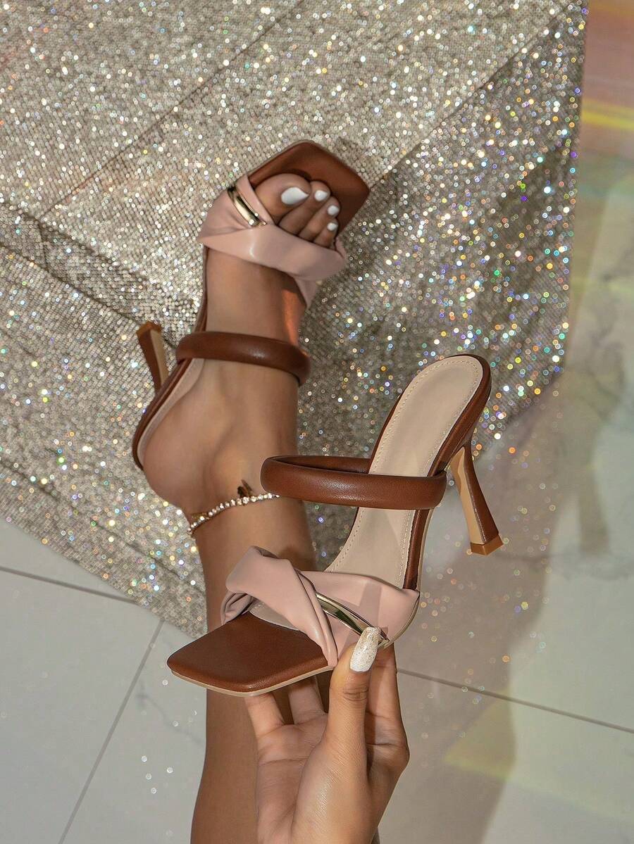 Women Square Toe Mule Sandals, Brown Elegant Leather Slip-On High Heel Sandals, Summer Beach Vacation Wedge Shoes - Brown - View 1