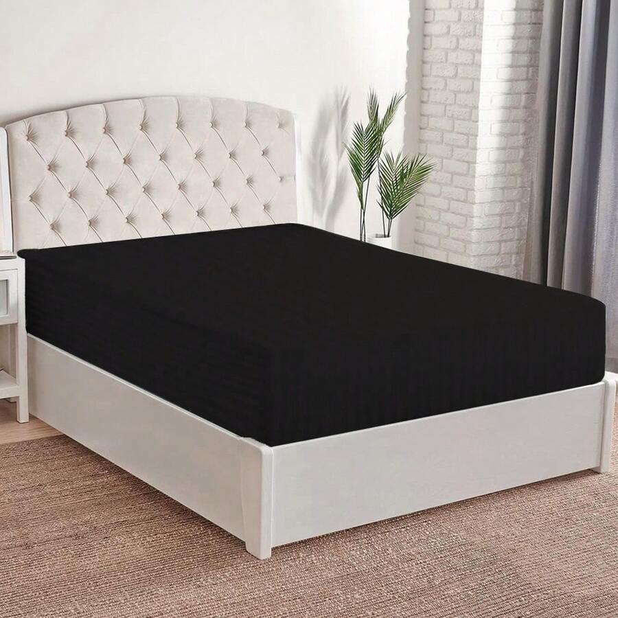 Box Spring Sheet With Full Bottom, Cotton Touch, Soft And Fresh, Ideal For Spring, Available In Single, Double, Queen Size And King Size, Variety Of Colors, Perfect For Modern Bedrooms, Breathable And Comfortable For All Seasons - Black - View 1