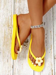 Transparent Casual Slip-On Jelly Sandals For Women, Lightweight Flat Crystal Thong Flip Flops, Beach Shoes - Yellow - View 2