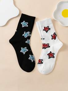 2 Pairs Women Interesting Personalized Cartoon Cute Multi-Color Jacquard Star Mid-Calf Socks, Couple, Sports Socks, All Season, European&American Size, Comfortable Breathable , Colorful, Suitable For Daily Wear, High-Quality Material, Not Stuffy - Multicolor - View 1