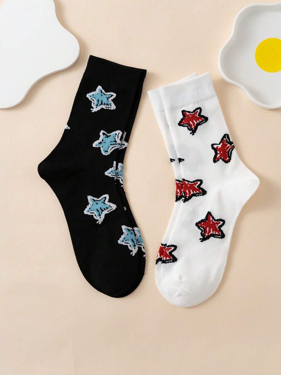 2 Pairs Women Interesting Personalized Cartoon Cute Multi-Color Jacquard Star Mid-Calf Socks, Couple, Sports Socks, All Season, European&American Size, Comfortable Breathable , Colorful, Suitable For Daily Wear, High-Quality Material, Not Stuffy - Multicolor - View 1