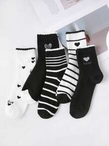 8 Pairs Kids/Teens Random Print Bow Polka Dot Striped Ruffle Mid-Calf Socks, Fashionable For Daily Wear - Multicolor - View 4