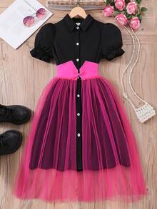 Tween Girls' Solid Color Short Sleeve Collar Waist Tie Mesh Panel Dress - Màu Hồng Tươi - Xem 1