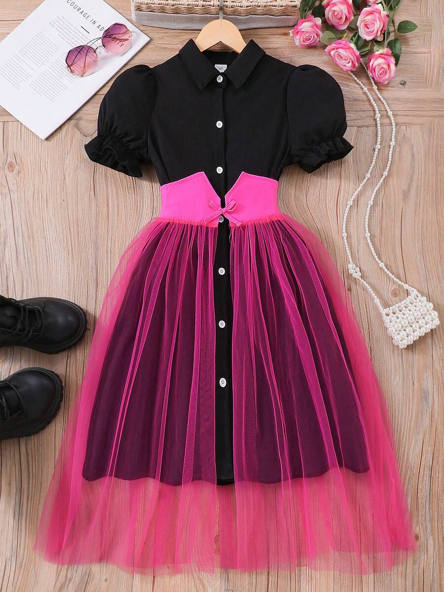 Tween Girls' Solid Color Short Sleeve Collar Waist Tie Mesh Panel Dress - Màu Hồng Tươi - Xem 1
