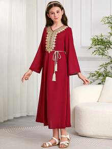 Tween Girls' Embroidered Patchwork Long Sleeve Belted Dress - Burgundy - View 4