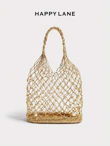 HAPPY LANE 1 件女士奢华金色网眼手提包，带珍珠装饰，优雅、百搭的单肩包、购物袋、时尚配饰，带闪亮网眼设计，引人注目的独特单品，轻巧、宽敞的内部空间，多功能便携 - 金色 - 查看 3