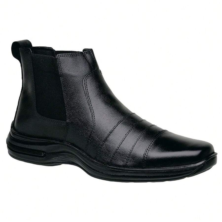 Men's Genuine Leather Boot, Mid-Calf, Non-Slip Rubber Sole With Elastic - 黑色 - 查看 1