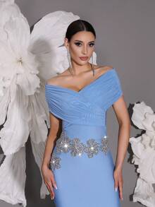 Váy dạ hội đan trễ vai, phong cách Châu Âu sang trọng thanh lịch, váy dạ hội xẻ tà gợi cảm - Màu xanh lam - Xem 6