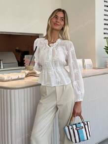 Completo di colore unito, elegante, da donna, per primavera ed estate, con maniche a palloncino, volant all'orlo, chiusura frontale con bottoni, camicetta elegante a maniche lunghe, adatta per uso quotidiano, strada, pendolarismo, casa, ufficio, appuntamenti, camicia/top da donna